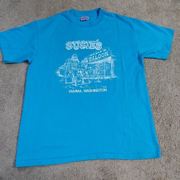 Vintage Susie Saloon Shirt Large Blue Okama Single Stitch - Picture 3 of 7